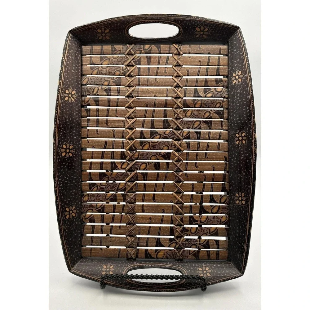Vintage Handmade Batik Style Bamboo Serving Tray - Black Brown